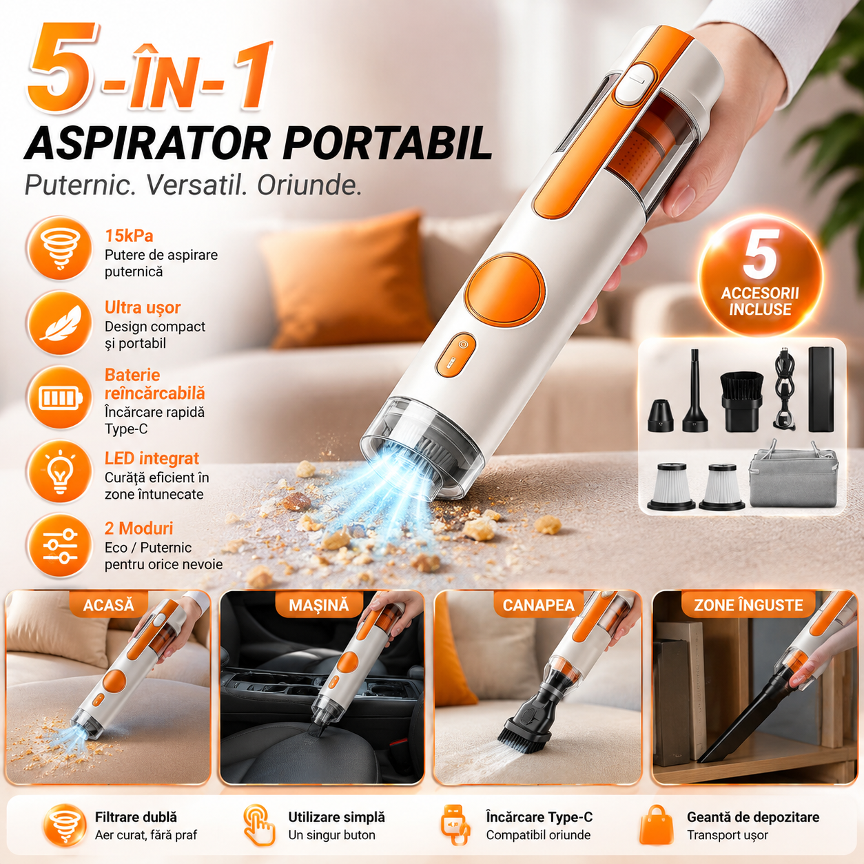 Aspirator Portabil 5-în-1 SmartClean™