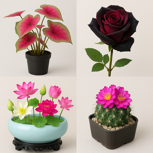 Pachet 4 flori exotice și rare – Caladium, Trandafir, Lotus, Cactus